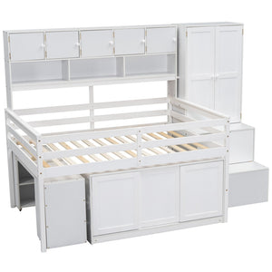 HomeRoots White Four Poster Loft Bed with Desk, Stairs & Shelves - Stylish Space-Saving Solution for Kids 596593
