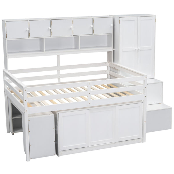 HomeRoots White Four Poster Loft Bed with Desk, Stairs & Shelves - Stylish Space-Saving Solution for Kids 596593