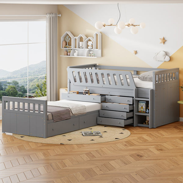 HomeRoots Gray Twin Loft Bed with Desk & Shelves - Stylish Space-Saving Design for Dorms & Small Rooms 596594