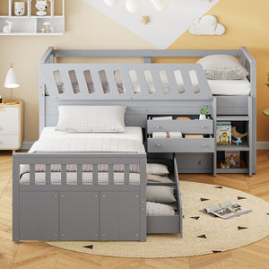 HomeRoots Gray Twin Loft Bed with Desk & Shelves - Stylish Space-Saving Design for Dorms & Small Rooms 596594
