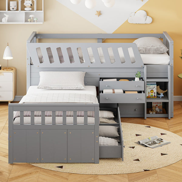 HomeRoots Gray Twin Loft Bed with Desk & Shelves - Stylish Space-Saving Design for Dorms & Small Rooms 596594