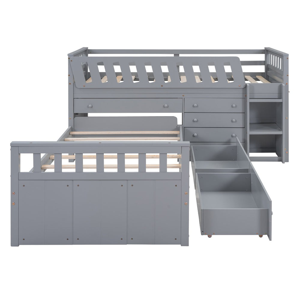 HomeRoots Gray Twin Loft Bed with Desk & Shelves - Stylish Space-Saving Design for Dorms & Small Rooms 596594
