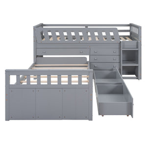 HomeRoots Gray Twin Loft Bed with Desk & Shelves - Stylish Space-Saving Design for Dorms & Small Rooms 596594