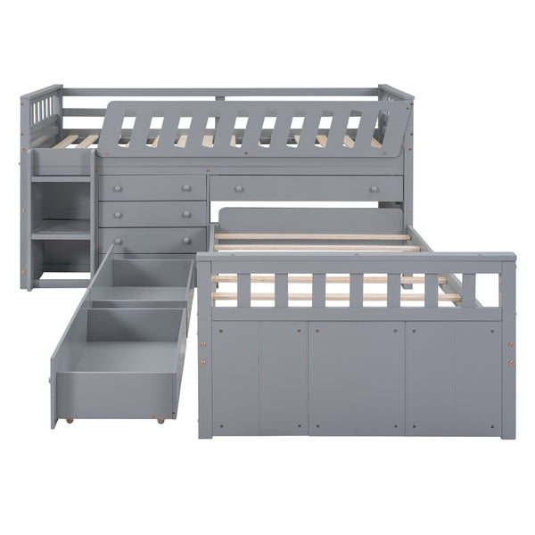 HomeRoots Gray Twin Loft Bed with Desk & Shelves - Stylish Space-Saving Design for Dorms & Small Rooms 596594