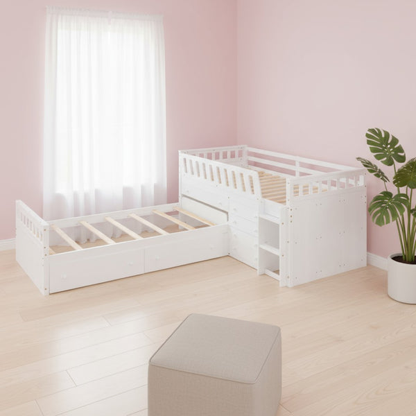 HomeRoots White Four Poster Twin Loft Bed with Integrated Desk, Shelves & Space-Saving Design for Small Rooms 596595