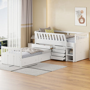 HomeRoots White Four Poster Twin Loft Bed with Integrated Desk, Shelves & Space-Saving Design for Small Rooms 596595