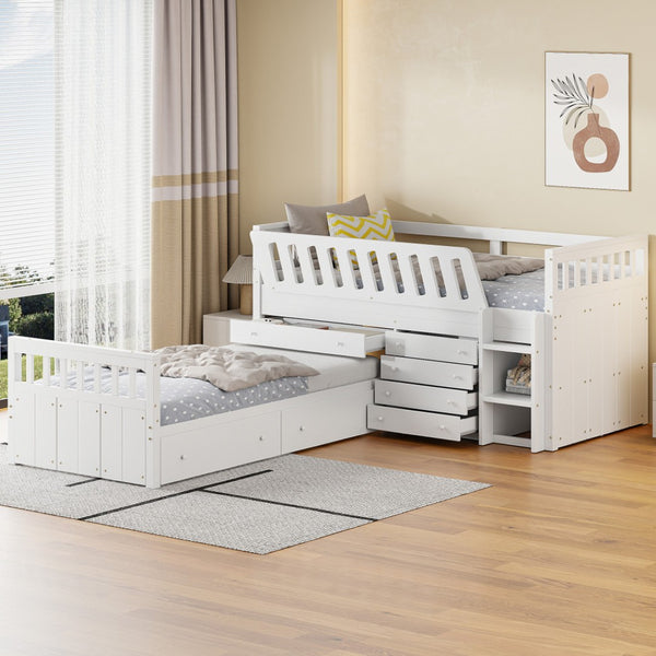 HomeRoots White Four Poster Twin Loft Bed with Integrated Desk, Shelves & Space-Saving Design for Small Rooms 596595