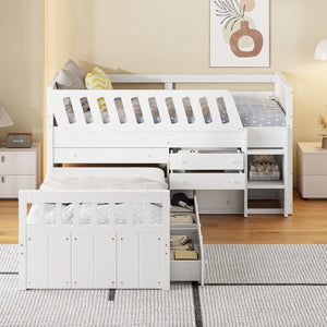 HomeRoots White Four Poster Twin Loft Bed with Integrated Desk, Shelves & Space-Saving Design for Small Rooms 596595