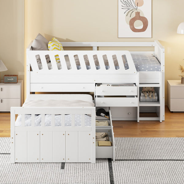 HomeRoots White Four Poster Twin Loft Bed with Integrated Desk, Shelves & Space-Saving Design for Small Rooms 596595