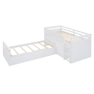 HomeRoots White Four Poster Twin Loft Bed with Integrated Desk, Shelves & Space-Saving Design for Small Rooms 596595