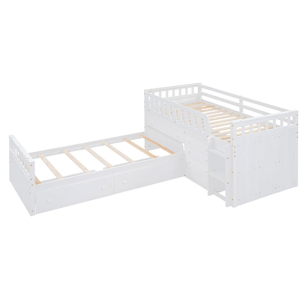 HomeRoots White Four Poster Twin Loft Bed with Integrated Desk, Shelves & Space-Saving Design for Small Rooms 596595