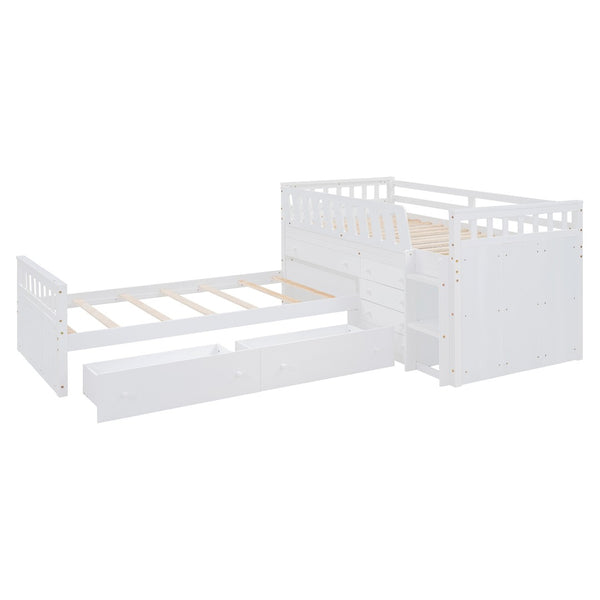 HomeRoots White Four Poster Twin Loft Bed with Integrated Desk, Shelves & Space-Saving Design for Small Rooms 596595