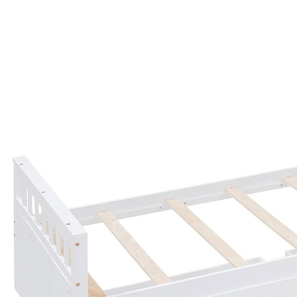 HomeRoots White Four Poster Twin Loft Bed with Integrated Desk, Shelves & Space-Saving Design for Small Rooms 596595