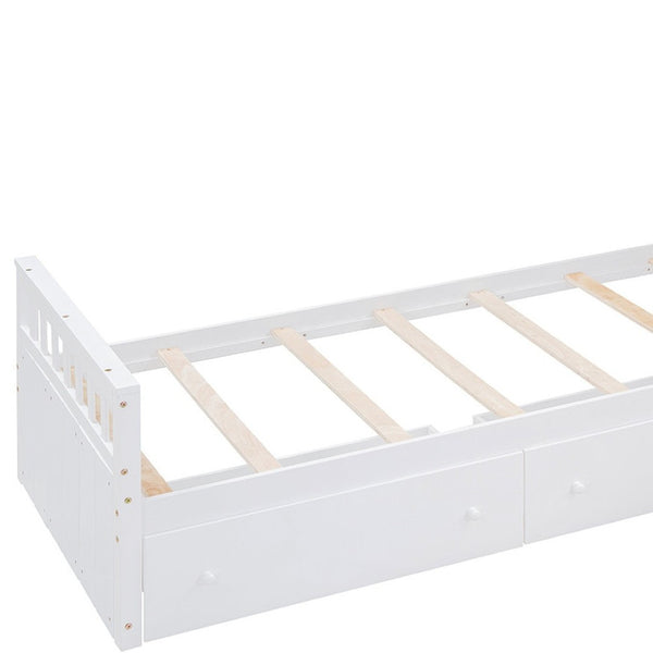 HomeRoots White Four Poster Twin Loft Bed with Integrated Desk, Shelves & Space-Saving Design for Small Rooms 596595