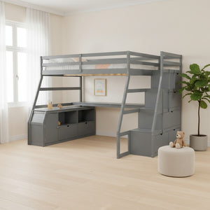 HomeRoots Gray Four Poster Full Loft Bed with Integrated Desk, Stairs & Shelves for Space-Saving Style 596596