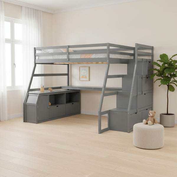 HomeRoots Gray Four Poster Full Loft Bed with Integrated Desk, Stairs & Shelves for Space-Saving Style 596596