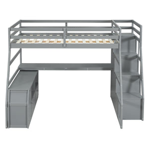 HomeRoots Gray Four Poster Full Loft Bed with Integrated Desk, Stairs & Shelves for Space-Saving Style 596596