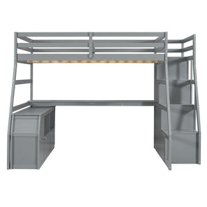 HomeRoots Gray Four Poster Full Loft Bed with Integrated Desk, Stairs & Shelves for Space-Saving Style 596596