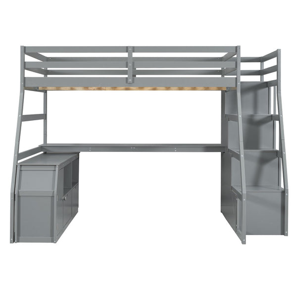 HomeRoots Gray Four Poster Full Loft Bed with Integrated Desk, Stairs & Shelves for Space-Saving Style 596596
