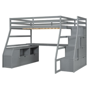 HomeRoots Gray Four Poster Full Loft Bed with Integrated Desk, Stairs & Shelves for Space-Saving Style 596596