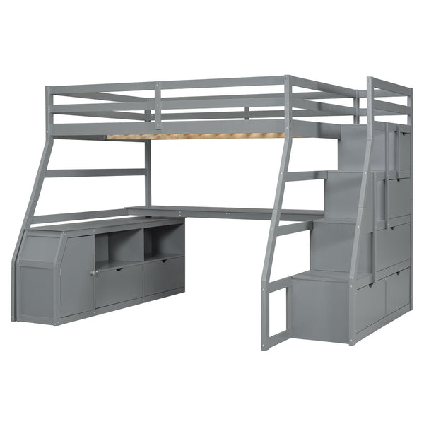 HomeRoots Gray Four Poster Full Loft Bed with Integrated Desk, Stairs & Shelves for Space-Saving Style 596596