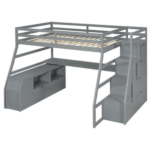 HomeRoots Gray Four Poster Full Loft Bed with Integrated Desk, Stairs & Shelves for Space-Saving Style 596596