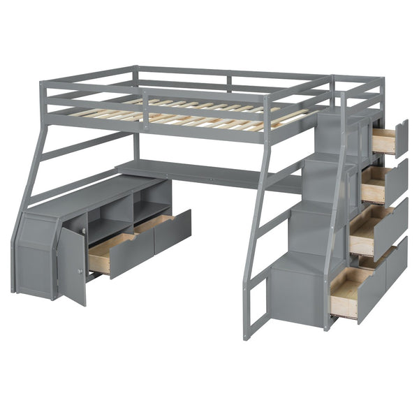 HomeRoots Gray Four Poster Full Loft Bed with Integrated Desk, Stairs & Shelves for Space-Saving Style 596596