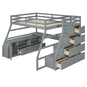 HomeRoots Gray Four Poster Full Loft Bed with Integrated Desk, Stairs & Shelves for Space-Saving Style 596596