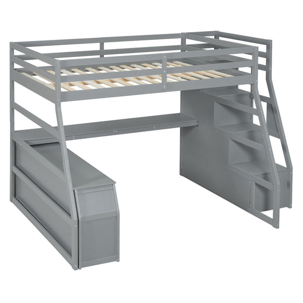 HomeRoots Gray Four Poster Full Loft Bed with Integrated Desk, Stairs & Shelves for Space-Saving Style 596596