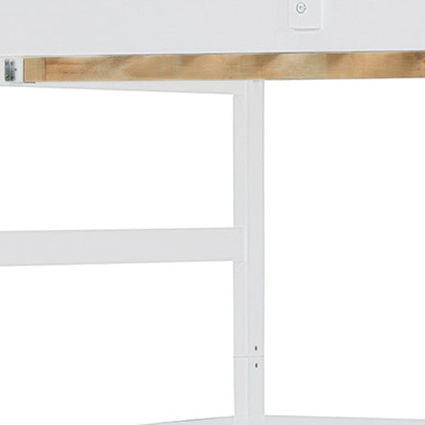 HomeRoots White Four Poster Loft Bed with Stairs, Desk & Shelves - Stylish Space-Saving Design for Any Room 596597
