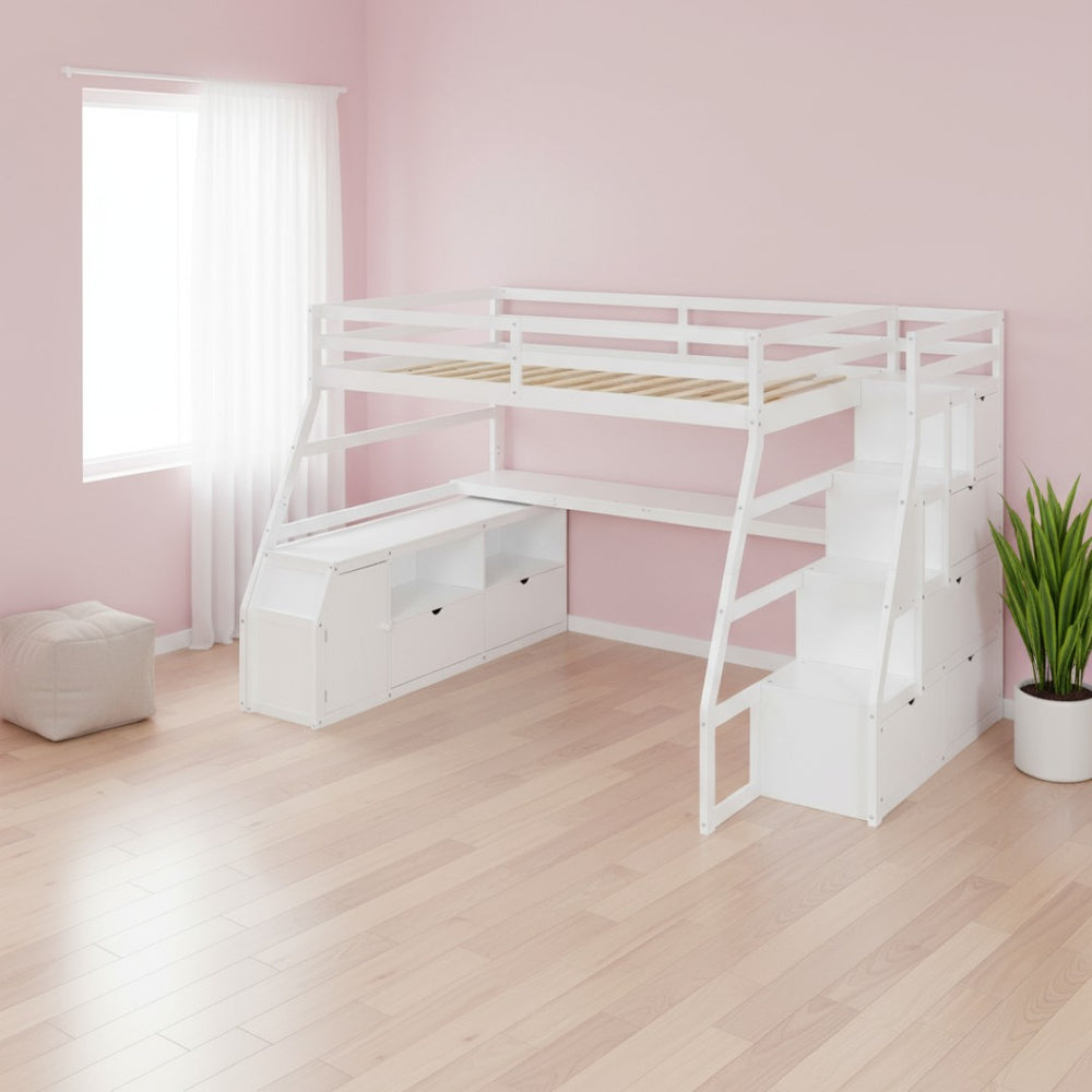 HomeRoots White Four Poster Loft Bed with Stairs, Desk & Shelves - Stylish Space-Saving Design for Any Room 596597