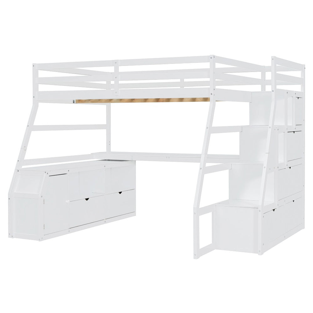 HomeRoots White Four Poster Loft Bed with Stairs, Desk & Shelves - Stylish Space-Saving Design for Any Room 596597