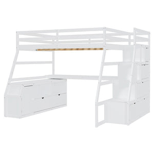 HomeRoots White Four Poster Loft Bed with Stairs, Desk & Shelves - Stylish Space-Saving Design for Any Room 596597