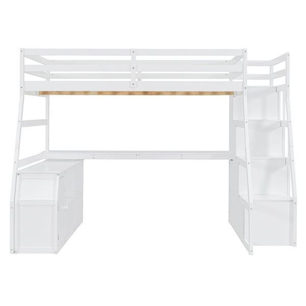 HomeRoots White Four Poster Loft Bed with Stairs, Desk & Shelves - Stylish Space-Saving Design for Any Room 596597