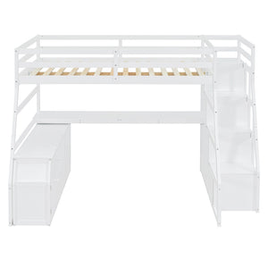 HomeRoots White Four Poster Loft Bed with Stairs, Desk & Shelves - Stylish Space-Saving Design for Any Room 596597