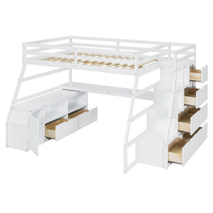 HomeRoots White Four Poster Loft Bed with Stairs, Desk & Shelves - Stylish Space-Saving Design for Any Room 596597
