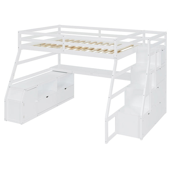 HomeRoots White Four Poster Loft Bed with Stairs, Desk & Shelves - Stylish Space-Saving Design for Any Room 596597