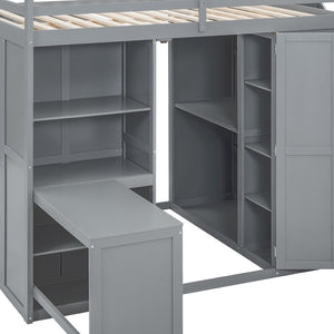 HomeRoots Gray Four-Poster Loft Bed with Desk, Stairs & Shelves – Space-Saving Solution for Any Bedroom! 596599