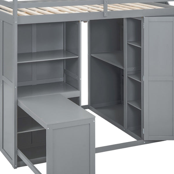 HomeRoots Gray Four-Poster Loft Bed with Desk, Stairs & Shelves – Space-Saving Solution for Any Bedroom! 596599