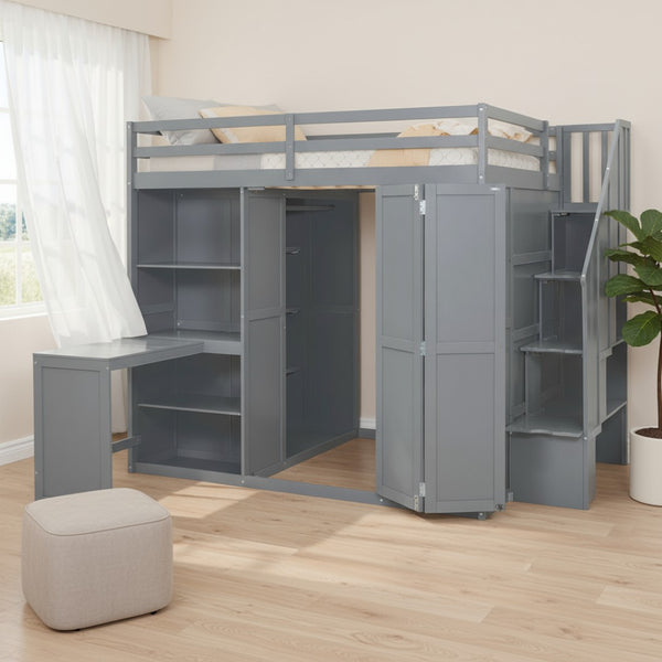 HomeRoots Gray Four-Poster Loft Bed with Desk, Stairs & Shelves – Space-Saving Solution for Any Bedroom! 596599