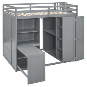 HomeRoots Gray Four-Poster Loft Bed with Desk, Stairs & Shelves – Space-Saving Solution for Any Bedroom! 596599