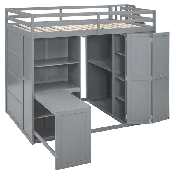HomeRoots Gray Four-Poster Loft Bed with Desk, Stairs & Shelves – Space-Saving Solution for Any Bedroom! 596599
