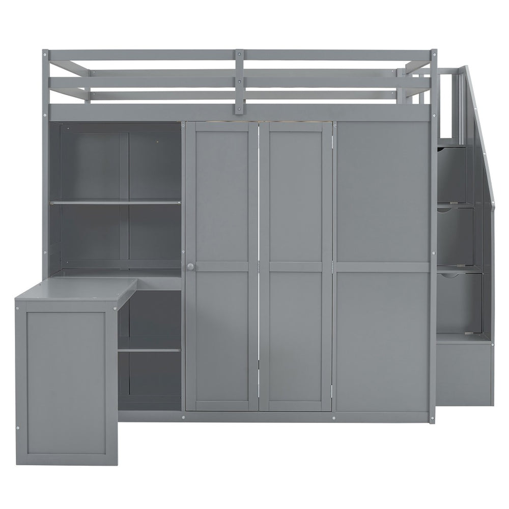 HomeRoots Gray Four-Poster Loft Bed with Desk, Stairs & Shelves – Space-Saving Solution for Any Bedroom! 596599