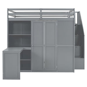 HomeRoots Gray Four-Poster Loft Bed with Desk, Stairs & Shelves – Space-Saving Solution for Any Bedroom! 596599