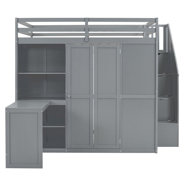 HomeRoots Gray Four-Poster Loft Bed with Desk, Stairs & Shelves – Space-Saving Solution for Any Bedroom! 596599