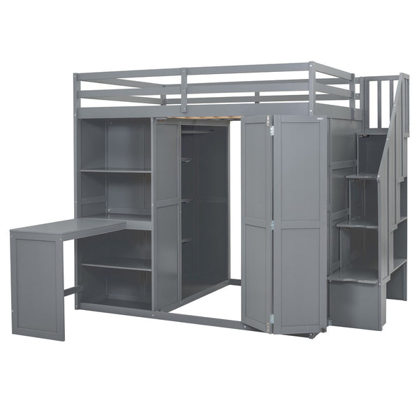 HomeRoots Gray Four-Poster Loft Bed with Desk, Stairs & Shelves – Space-Saving Solution for Any Bedroom! 596599