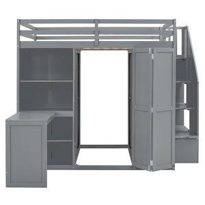 HomeRoots Gray Four-Poster Loft Bed with Desk, Stairs & Shelves – Space-Saving Solution for Any Bedroom! 596599
