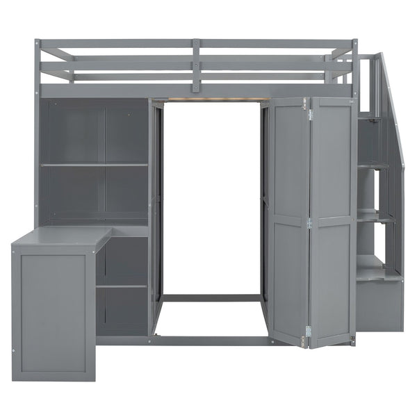 HomeRoots Gray Four-Poster Loft Bed with Desk, Stairs & Shelves – Space-Saving Solution for Any Bedroom! 596599