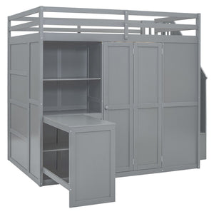 HomeRoots Gray Four-Poster Loft Bed with Desk, Stairs & Shelves – Space-Saving Solution for Any Bedroom! 596599