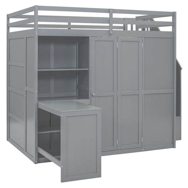 HomeRoots Gray Four-Poster Loft Bed with Desk, Stairs & Shelves – Space-Saving Solution for Any Bedroom! 596599